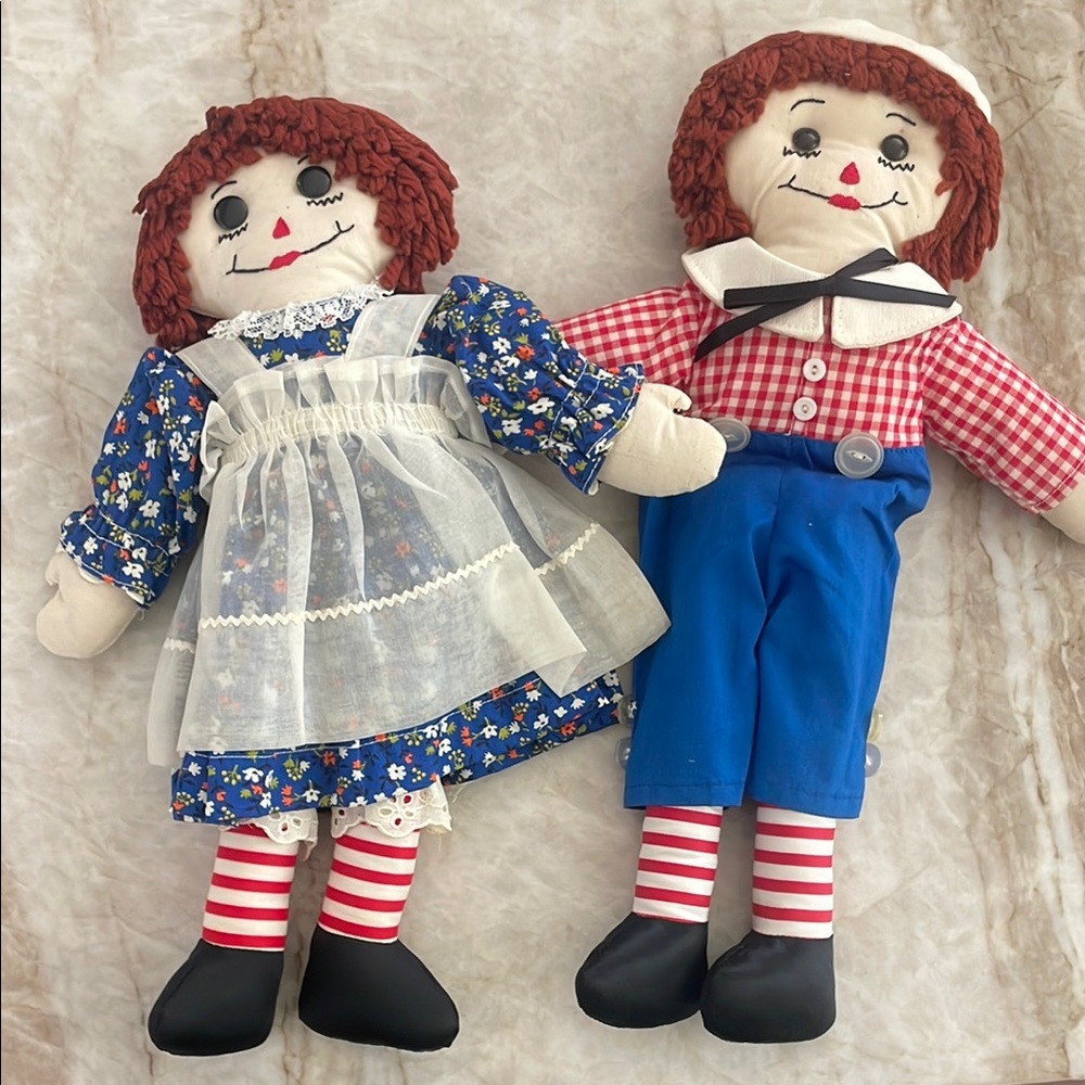 Vintage Raggedy Ann and Andy Dolls with Blue and Red Outfits